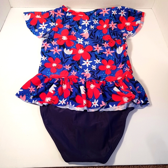 Cat & Jack Toddler Girls 2pc Blue & Red Floral Rash Guard Swim Suit Set - Picture 2 of 4